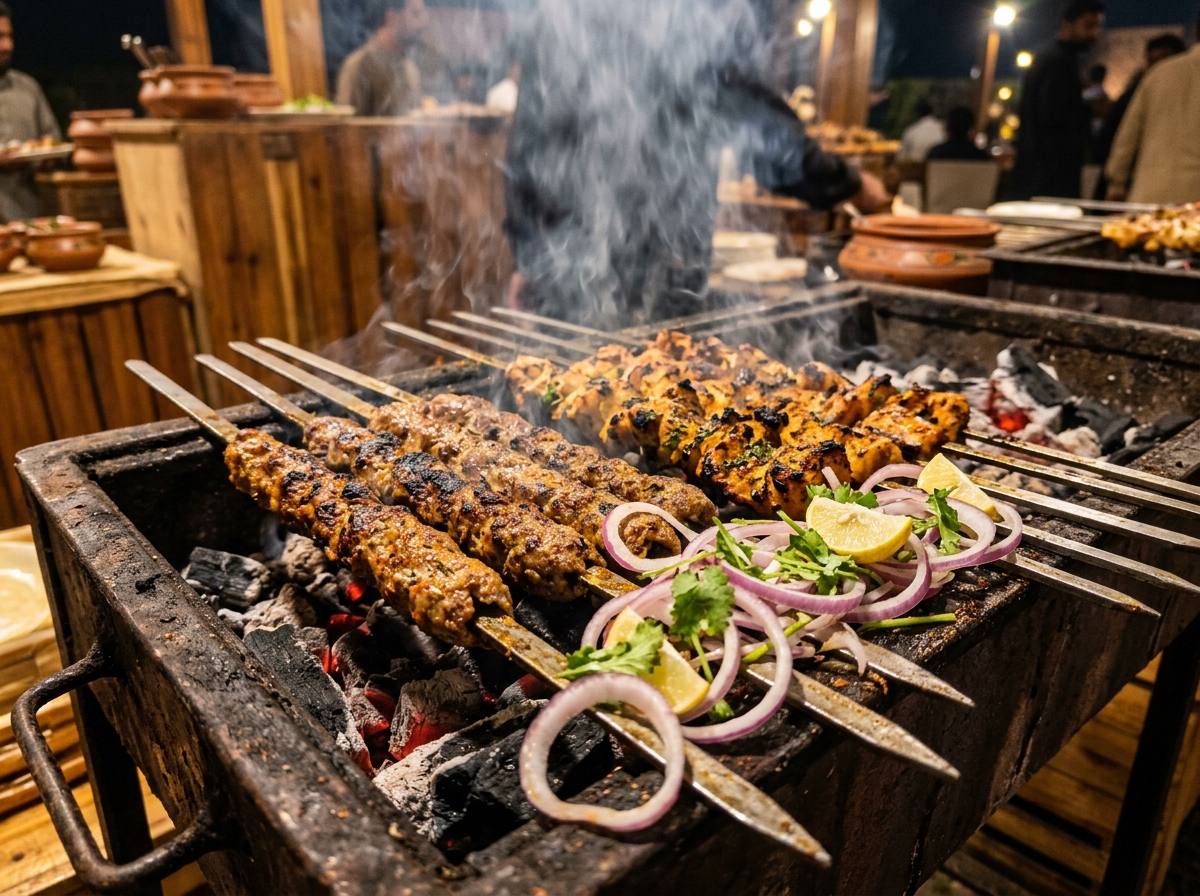 Sizzling kababs on grill